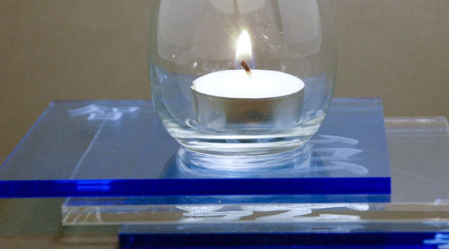 laser etched blue edge acrylic candle base holder
